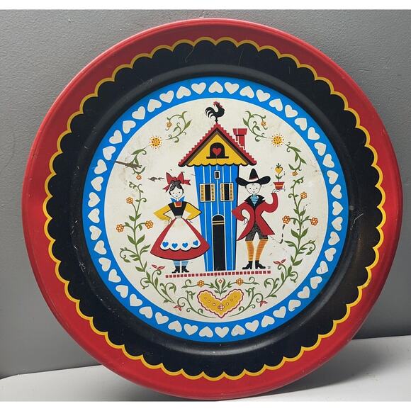 Vintage Large MCM Tray DUTCH PENNSYLVANIA Metal TIN TRAY Platter Folk Art 19" - Picture 1 of 3